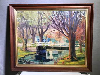 Great Looking Large Oil On Canvas Of Bridge - Signed Roy Wilson - Original Frame - Nice Large Artwork !