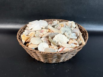 *A Round Woven Basket Full Of Natural Seashells, Coral & Other Sea Treasures