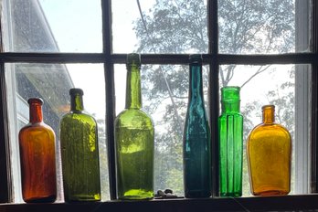 Six Antique And Vintage Colored Glass Bottles