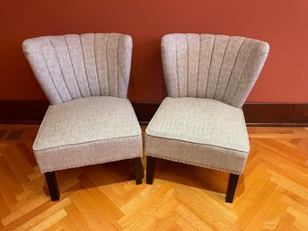 Pair Of Channel Back Emporium Accent Chairs, In Light Grey With Nail Head Details