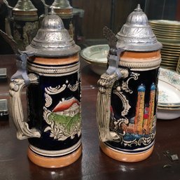 Two Large Vintage German Beer Steins - Innsbruck & Munchen - All Hand Painted - Overall Very Nice Pieces
