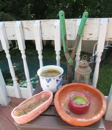 6 Piece Garden Ceramic & Pottery Lot With Lantern And Hedge Trimmer