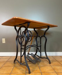 Vintage Sewing Table With Iron Base And Working Foot Spinning Mechanism