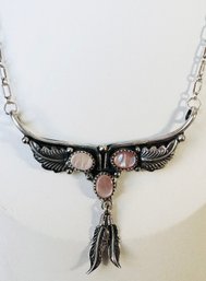 VINTAGE NATIVE AMERICAN STERLING SILVER PINK SHELL FEATHER DANGLE NECKLACE