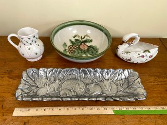 Arthur Court Bunny Rabbit Oblong Tray 18x5.75', Handmade Ceramic Bowl Signed, Casafina Pitcher, Zrire Swan