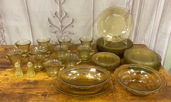 Lot Of Yellow Depression Glass Including Plates, Cups And More!