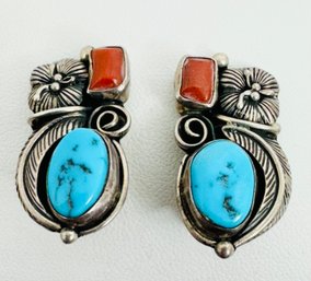 VINTAGE NATIVE AMERICAN SIGNED BEN S STERLING SILVER CORAL AND TURQUOISE CLIP-ON EARRINGS