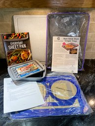 NOS Pans, Cooks Essentials Silicone Baking Mats & Oven Crisper Tray, Taste Of Home Cookbook & Cutting Board