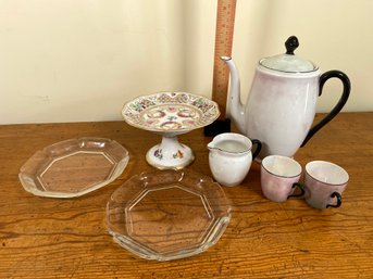 Schumann Dresden Bavaria Reticulated Compote, Pearlescent Teapot W/creamer And 2 Cups, 2 Clear Glass Plates