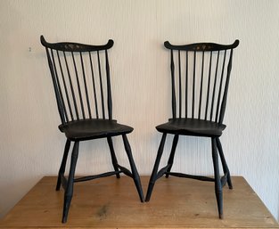 Pair Of Antique 18th C. American Painted Black Fan Back Windsor Chairs