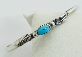 RARE NANCY CUSTER (N. CUSTER) NATIVE AMERICAN THIN STERLING SILVER TURQUOISE FEATHER CUFF BRACELET