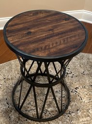 Small Hourglass Metal Drum Table With A Rustic Wood Top By Hooker Furniture