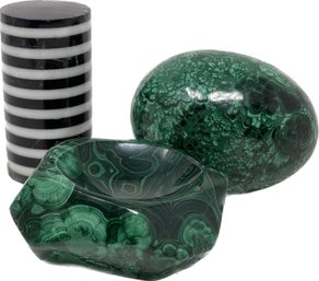 Malachite Polished Freeform, Large Malachite Egg And A Marble Cylinder Horizontal Stripe Paperweight