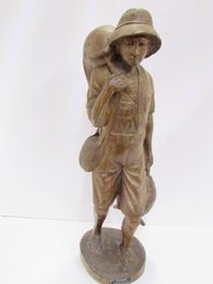 Large Carved Wood Sculpture Fisherman By Master Carver Luis Potosi Escultor