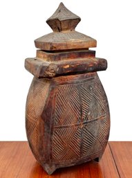 An Antique Carved Wood Nepalese Tribal Oil Or Batter Storage Pot