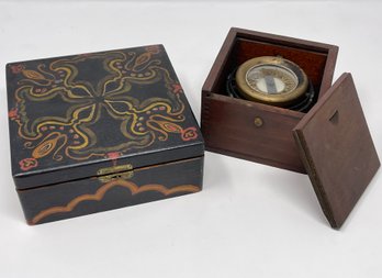 A Boxed Boat Compass And A Hand Painted Benson & Hedges Cigar Box