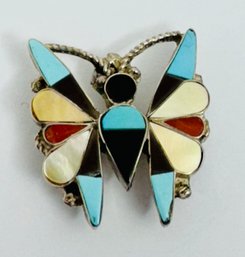 VINTAGE NATIVE AMERICAN STERLING SILVER INLAID BUTTERFLY PENDANT OR BROOCH