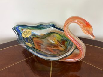 Jolly Glass Blowers Colorado Made Art Glass Swan With Cripple Creek Gold Ore Swirls