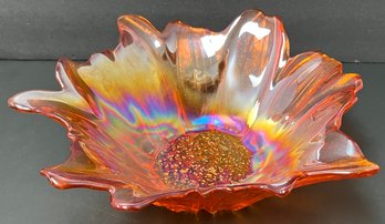 Large Orange Carnival Glass Bowl - Sunflower Flower Floral  - Iridescent - 11.5 Inches Diameter