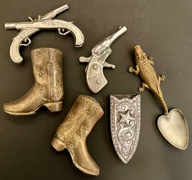 Vtg Junk Drawer #2 - Western Lot - Alligator Spoon - Mini Cap Gun - Crossed Pistol Badge - Brass Cowboy Boots