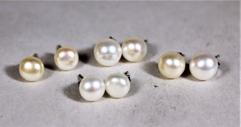 Four Pair Sterling Silver Cultured Pearl Earrings Studs