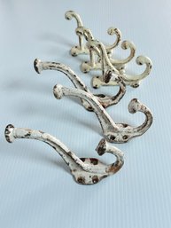 Group Of Six Vintage White Painted Metal Coat Hooks