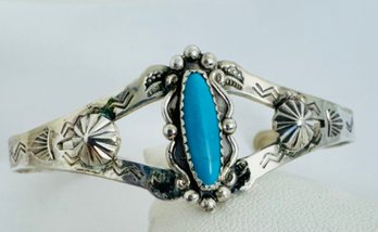 SIGNED NATIVE AMERICAN STERLING SILVER TURQUOISE CUFF BRACELET