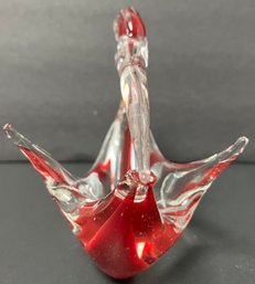 Vintage Art Glass Bird Stork Or Pelican - Small Bowl Figurine - Red Clear - 7 X 4 1/8 X 5 1/4 Inches H