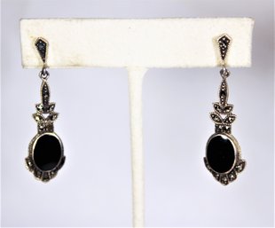 Sterling Silver Black Onyx Marcasite Pierced Earrings