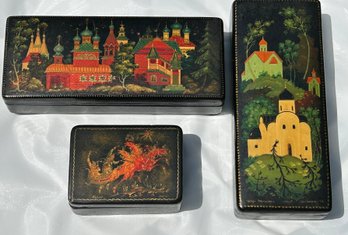 Lot # 2 - Vintage Set Of 3 Handpainted Black Lacquer Boxes Signed Purchased In Russia