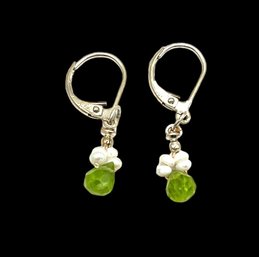 Vintage Sterling Silver Green And White Beaded Dangle Earrings