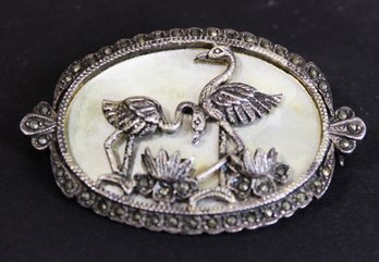 Sterling Silver Vintage Brooch With Flamingoes Marcasites Mother Of Pearl