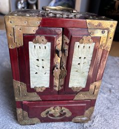 Vintage Chinese Rosewood Jewelry Box With Inset Carved Jade Panels