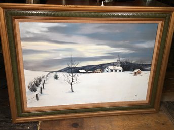 Very Nice Vintage Oil On Canvas Painting - Winterscape With Church & Trees - Very Calm And Serene Painting