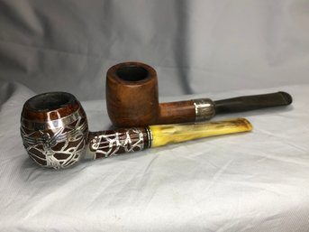 2 Antique Pipes With Sterling - Very Nice Pipes - Both Have Sterling Details - Both In Nice Condition !