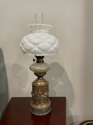 Vintage French Bronze Oil Lamp With Quilted Glass Shade