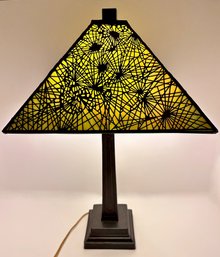 Vintage Slag Glass Table Lamp With Metal Overlay