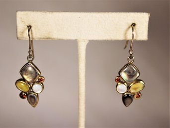 Sterling Silver Pierced Earrings Garnets Moonstones Abalone