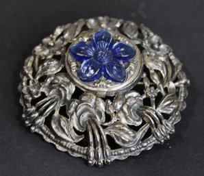 Large Silver Tone 1940s Brooch W Blue Flower