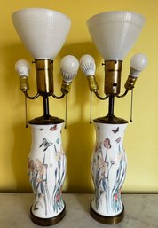 Pair Vintage Hand Painted Glass Table Lamps With 3 Lights Each