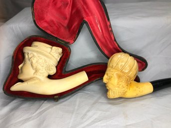 Two Vintage / Antique Meerschaum Pipes - One Has Case - The Other Is Missing Mouthpiece - Very Nice !