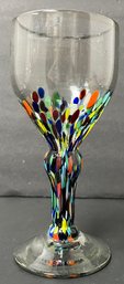 Vintage Art Glass Goblet - Clear With Multi Colored Dots - 7.5 Inches H X 3.25 Inch Diameter Opening