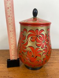 Russian Khokhloma Painted Wood Canister With Lid 9' No Markings