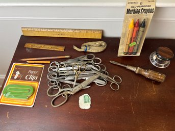 Grouping Of Vintage Scissors & Office Supplies Including Thomas Jefferson 1 Cent Stamp