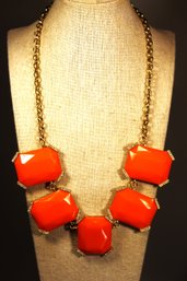 Contemporary Signed Orange Plastic And Rhinestone Bib Necklace