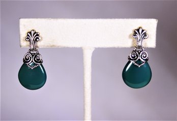 Fine Sterling Silver Pierced Earrings Green Onyx