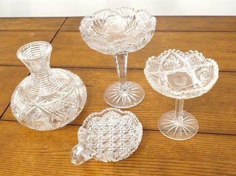 Four Pieces Of Antique Fine Cut Crystal Including Raised Compotes/sweet Meats, A Nappy & Decanter