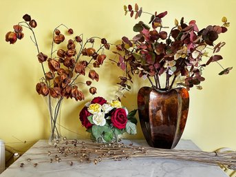 3 Glass Vases Including Lenox Organics With Faux Flowers, Mostly From Pier 1 Imports