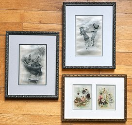 A Trio Of Vintage Framed Silk Prints