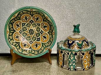 Vintage Handcrafted Moroccan Pottery Bowl And Vase / Candleholder